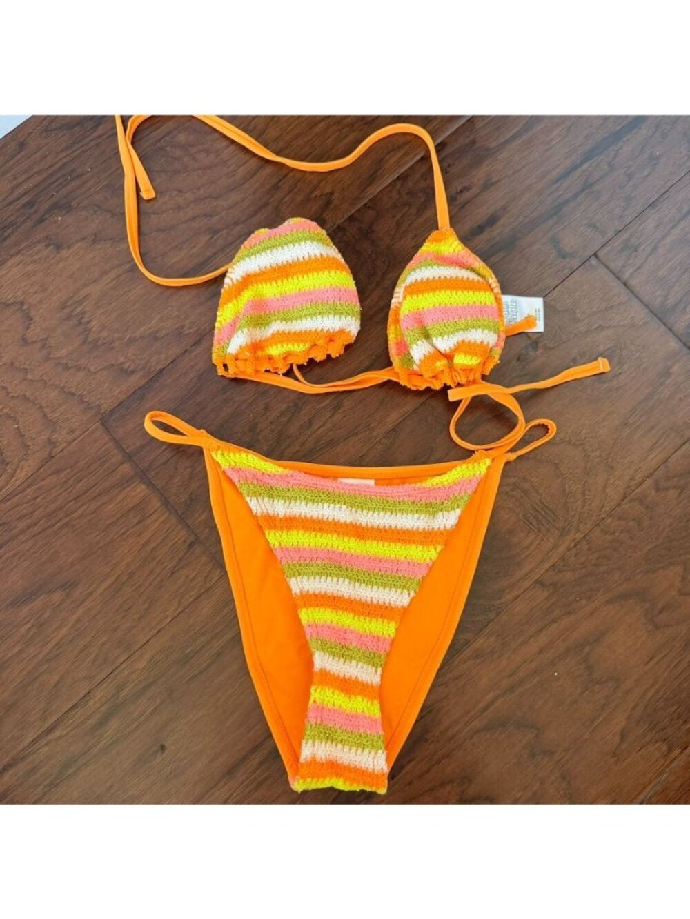 2PC Orange Striped Crochet Cheeky Bottom Triangle Top Bikini Size Small